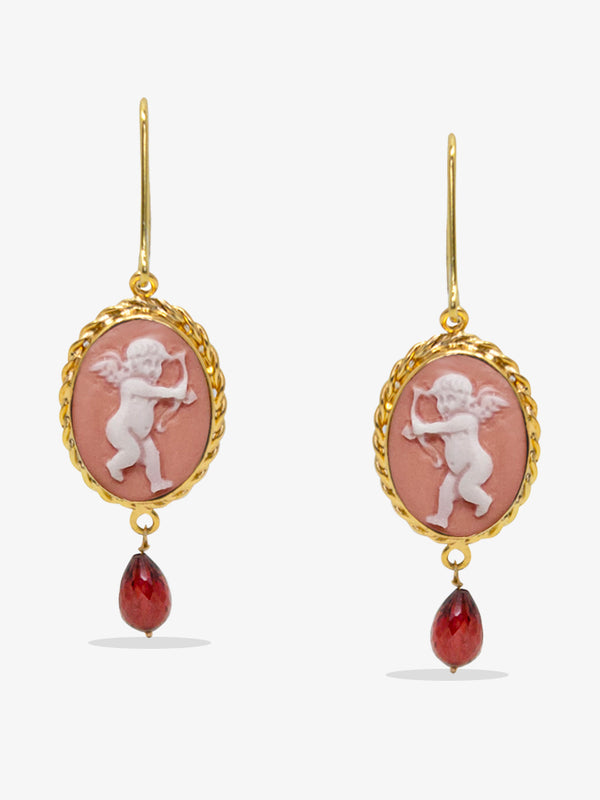 Pink cameo earrings portraying Cupid with garnet in gold over silver.