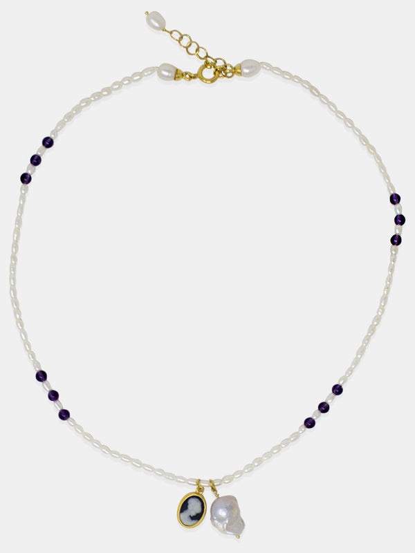 Pearl & Mini Cameo Charm Necklace by Vintouch Jewels, featuring amethyst beads and delicately handmade cameo and pearl charms. 