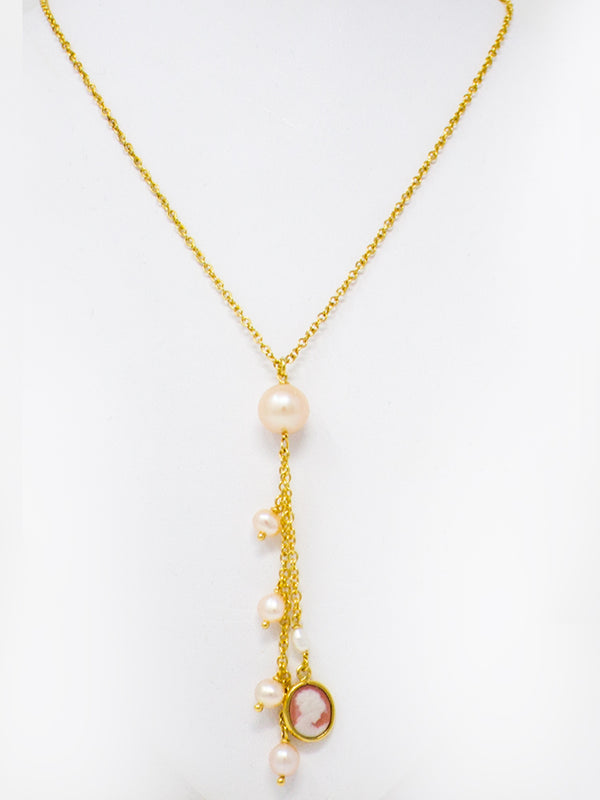 Gold-plated Mini Cameo & Pearl Necklace by Vintouch Jewels