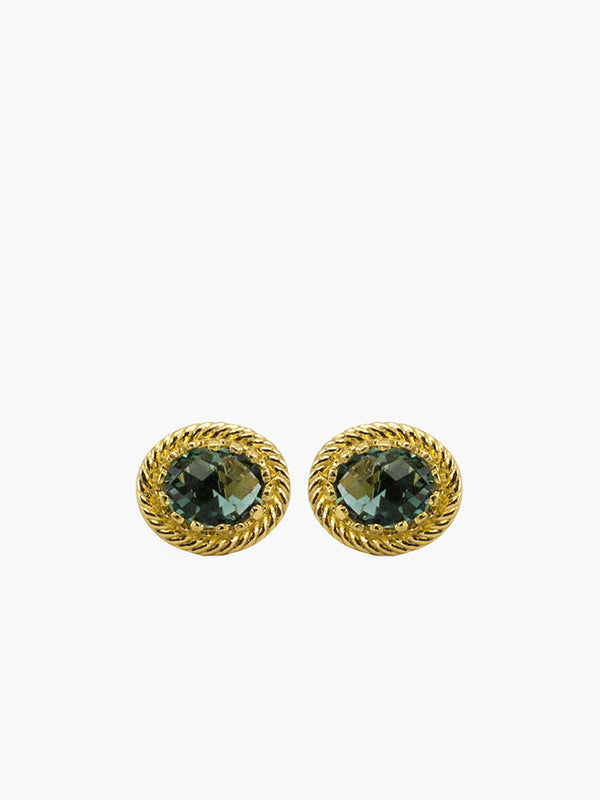 The Luccichio Green Quartz Stud Earrings by Vintouch Jewels feature Italian-crafted, gold-plated sterling silver studs with twisted rope borders and vivid green quartz centers, displayed on a white background.