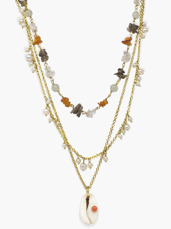 Coral & Cowrie Shell Layered Necklace | Vintouch Jewels