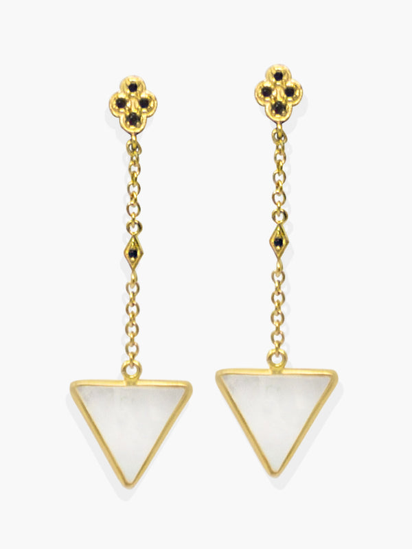 These long pending earrings revisits the 20's mood through the use of iconic geometric elements - a distinctive sign of the Deco style - featuring black cubic zirconia that shimmer in the light and whitey mother of pearl that is ethically sourced and shaped by hand in the traditional cutting factories in the town of Torre del Greco, Italy. 