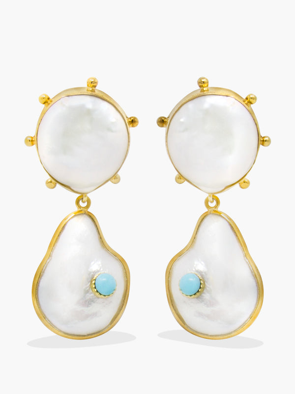Rebel Rebel Earrings With Pearls And Turquoise by Vintouch Jewels feature large baroque pearls and a round turquoise accent on each lower section, crafted from 18-karat gold-plated silver.