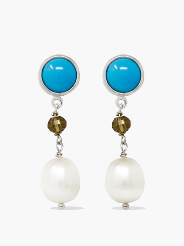 Sterling silver turquoise, smoky quartz and pearl drop earrings by Vintouch Jewels. 
