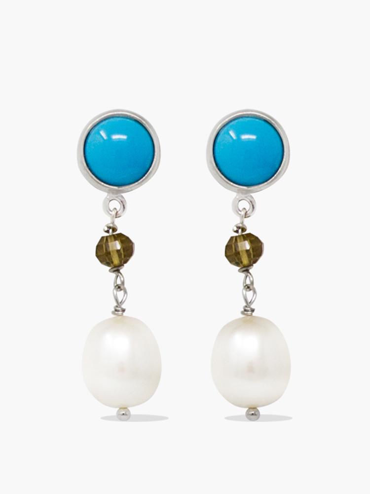 Sterling silver turquoise, smoky quartz and pearl drop earrings by Vintouch Jewels. 