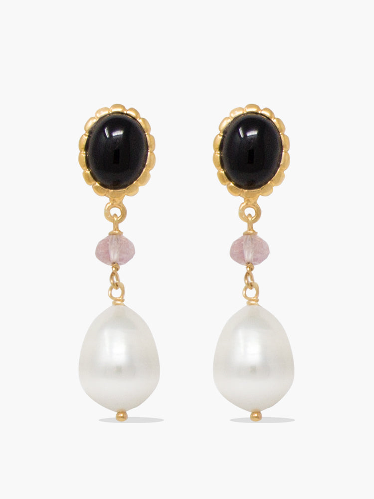 Rose-gold plated Onyx, Pink Quartz and Pearl Drop Earrings by Vintouch Jewels.