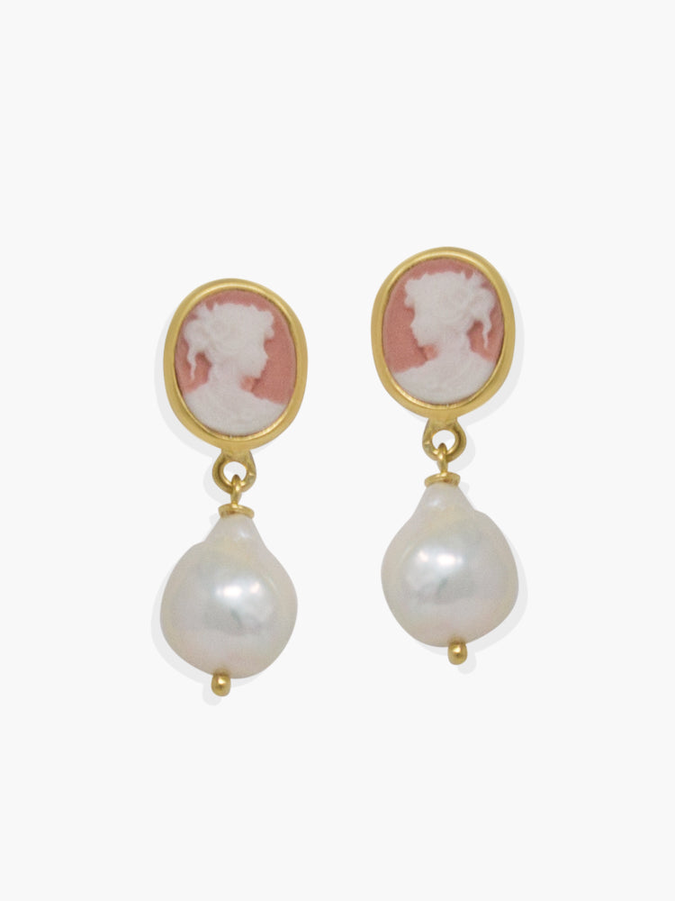 Pink Mini Cameo and Pearl Earrings by Vintouch Jewels feature a womans profile and are adorned with teardrop-shaped baroque pearls hanging below.