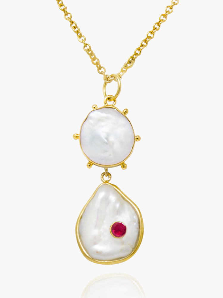 Vintouch's Rebel Rebel Gold-plated silver Pearls & Pink Ruby statement necklace. 