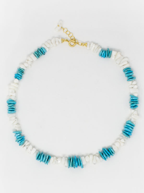 Positano Necklace by Vintouch Jewels, featuring natural turquoise and shells. 