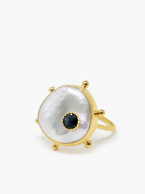 Vintouch's Rebel Rebel Keshi Pearl and Blue Sapphire stacking ring.