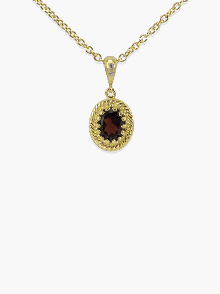 Garnet Pendant Necklace by Vintouch Jewels, handset in 18k gold plated silver. Chain measures 18 inches.