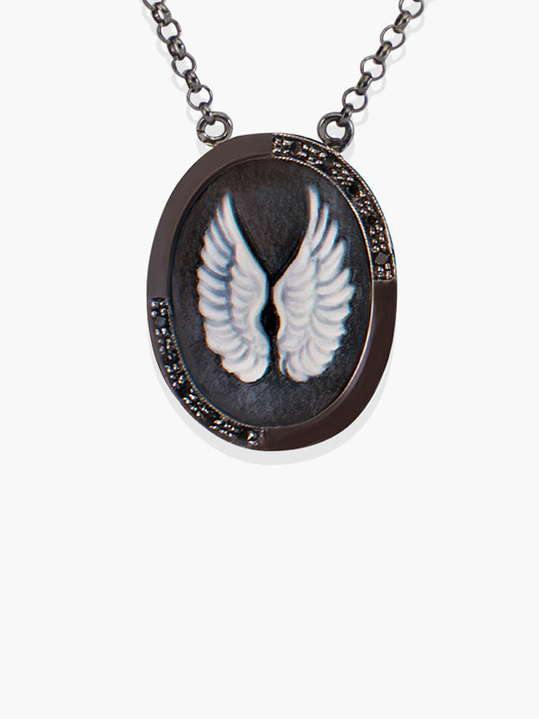 Wings Cameo Necklace set in gunmetal sterling silver embellished with 0.10 carats black diamonds by Vintouch Jewels