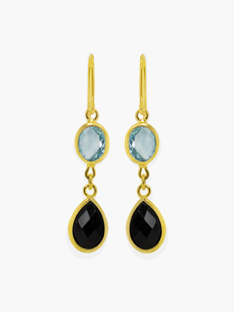 Sky blue topaz and onyx drop earrings set in gold vermeil or solid gold.