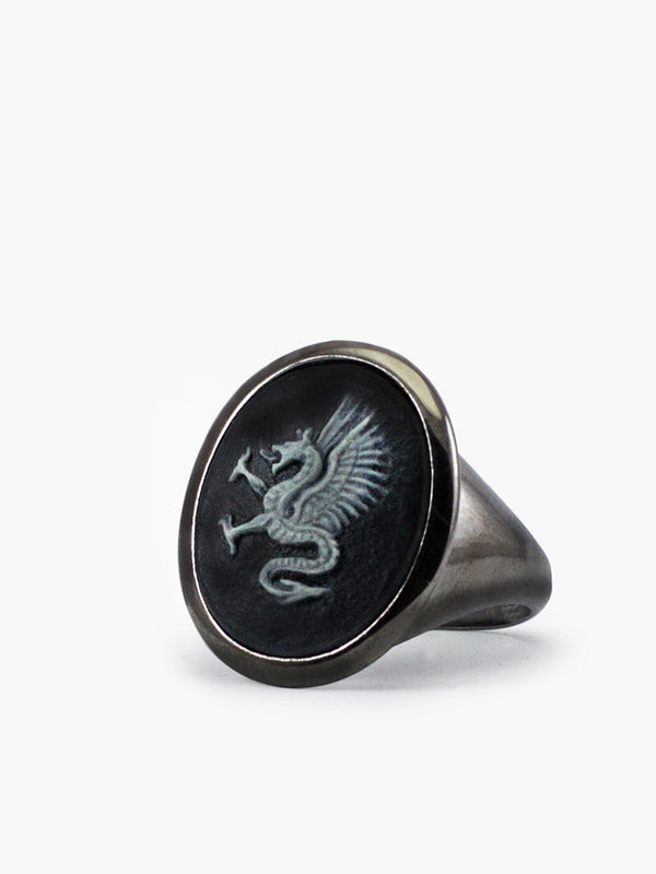 Dragon Cameo Signet Ring set in gunmetal silver, symbolizing strength and good luck for people who are worthy of it.