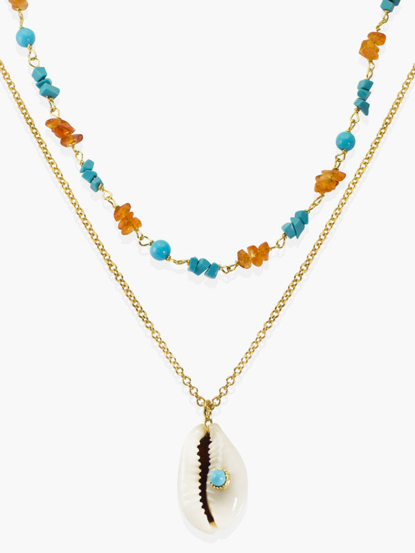 Turquoise & Cowrie Shell Layered Necklace | Vintouch Jewels