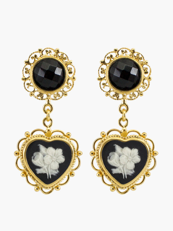 Bouquet Cameo Earrings by Vintouch Jewels, hand-carved from porcelain and set in 18k gold plated silver, pending on black onyx gemstones.