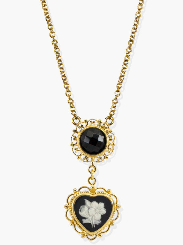 Bouquet Cameo Necklace by Vintouch Jewels, handmade from 18k gold over sterling silver featuring a hand-carved cameo and a black onyx gemstone.