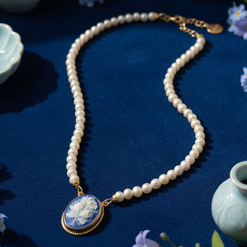 Mother’s Day jewelry collection cover featuring blue cameo pendant necklace with freshwater pearls, handcrafted in Italy