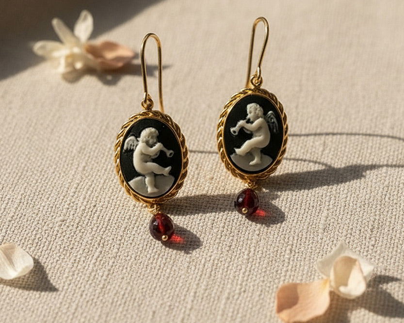 Cherub cameo earrings in gold-plated sterling silver with garnet drops, handcrafted in Italy