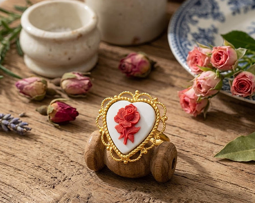 Hand-carved rose cameo ring in gold-plated sterling silver, made in Italy