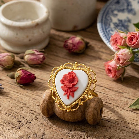 Hand-carved rose cameo ring in gold-plated sterling silver, made in Italy