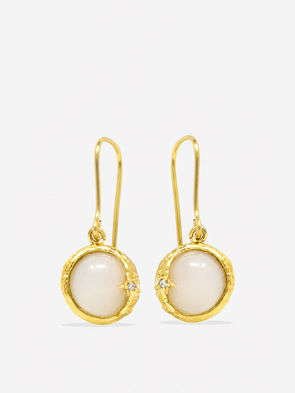 Moonstone drop earrings in gold plated sterling silver, handcrafted in Italy, featuring round cabochon stones and delicate diamond accents