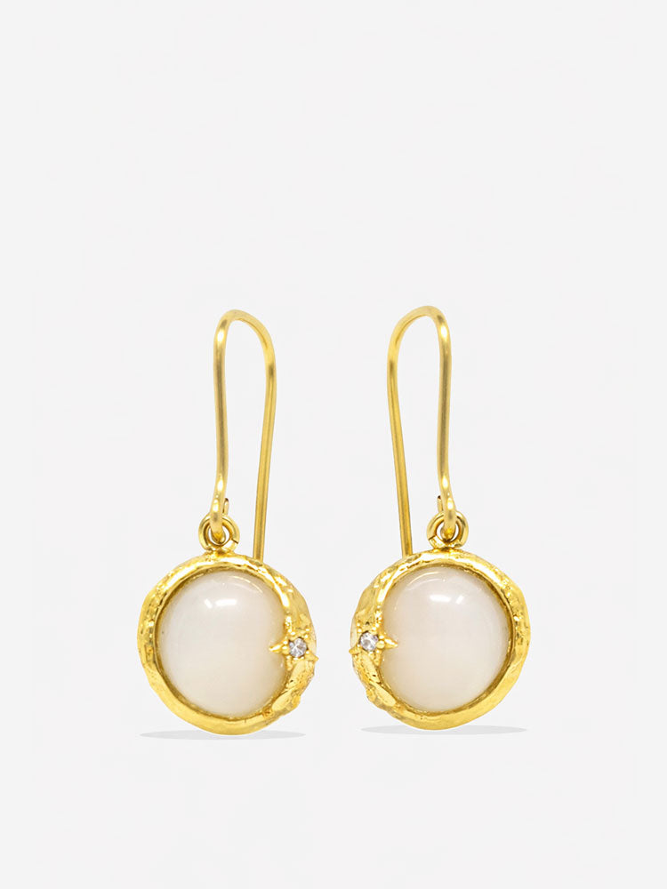 Moonstone drop earrings in gold plated sterling silver, handcrafted in Italy, featuring round cabochon stones and delicate diamond accents