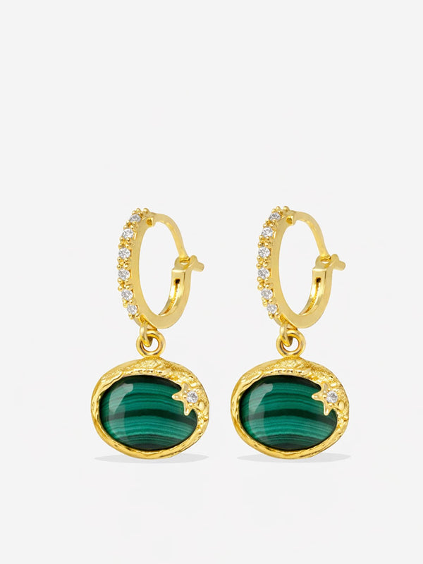 Handcrafted malachite drop hoop earrings in gold plated sterling silver with horizontal oval cabochon stones and refined diamond accents