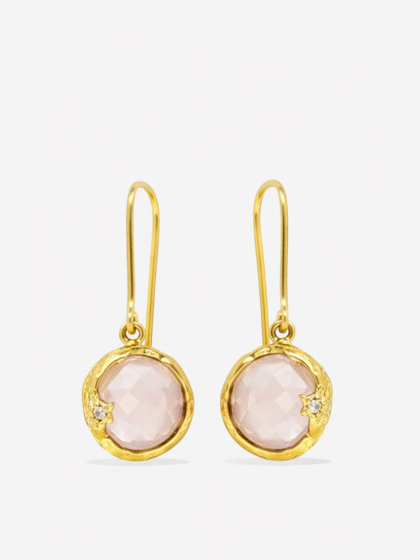 Handcrafted rose quartz drop earrings in gold plated sterling silver with softly faceted pink stones and refined diamond accents