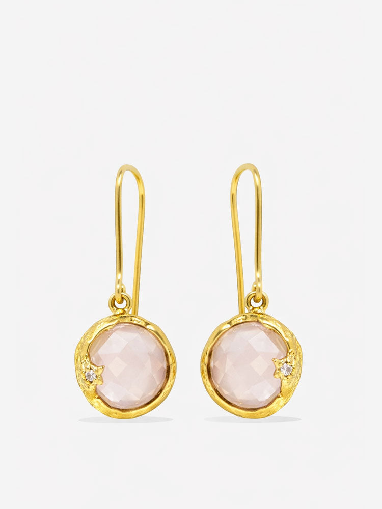 Handcrafted rose quartz drop earrings in gold plated sterling silver with softly faceted pink stones and refined diamond accents