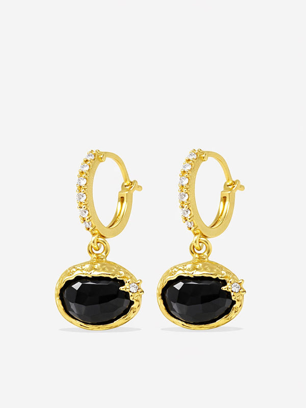 Handcrafted onyx drop hoop earrings in gold plated sterling silver with oval cabochon stones and refined diamond accents