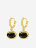 Handcrafted onyx drop hoop earrings in gold plated sterling silver with oval cabochon stones and refined diamond accents