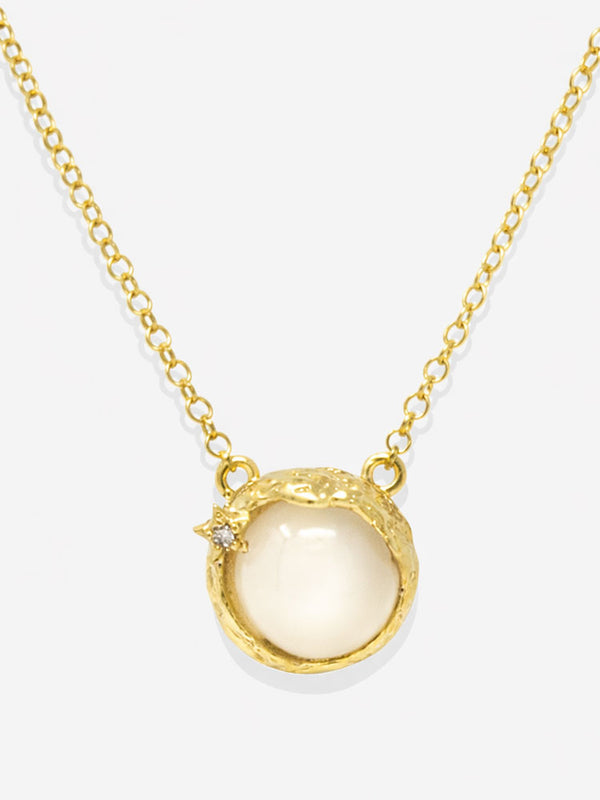 Moonstone pendant necklace gold plated silver handmade Italian jewelry round labradorite gemstone with diamond accent