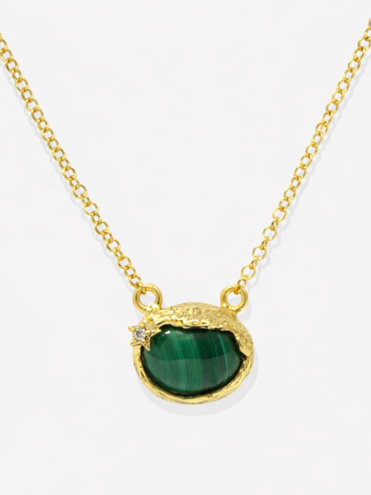 Malachite pendant necklace gold plated silver handmade Italian jewelry oval malachite gemstone with diamond accent