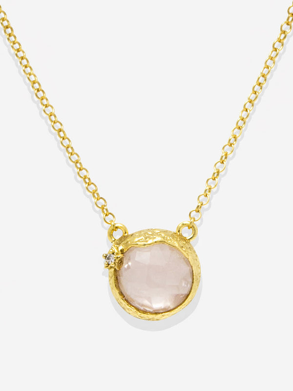 Rose quartz pendant necklace gold plated silver handmade Italian jewelry round pink quartz gemstone with diamond accent