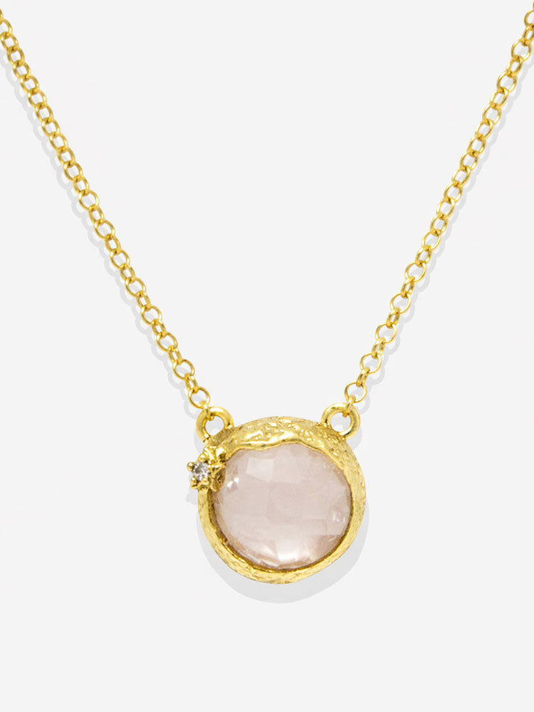 Rose quartz pendant necklace gold plated silver handmade Italian jewelry round pink quartz gemstone with diamond accent