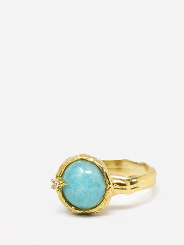 Amazonite ring gold plated silver handmade Italian jewelry round amazonite cabochon gemstone with diamond accent