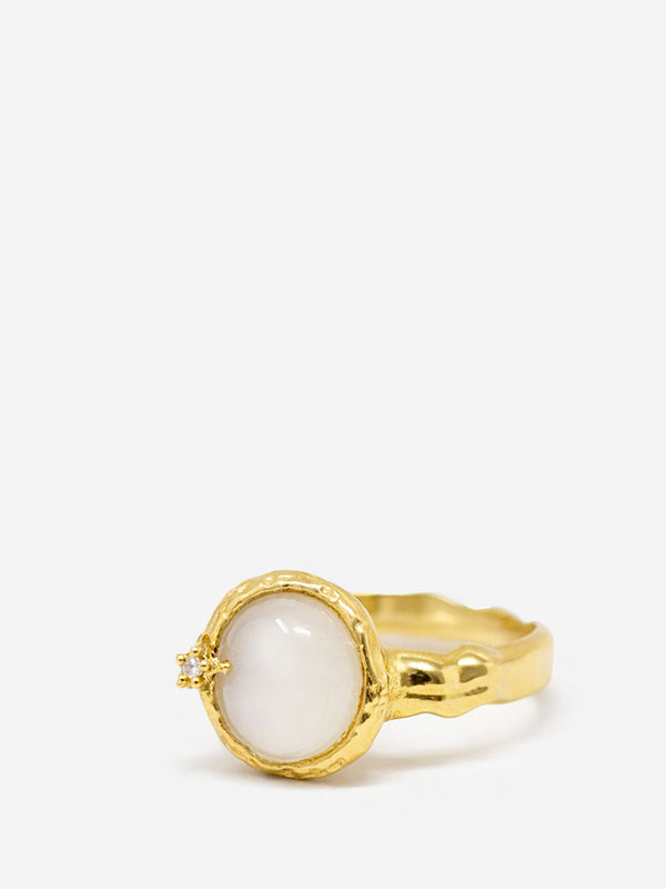 Moonstone ring gold plated silver handmade Italian jewelry round labradorite cabochon gemstone with diamond accent
