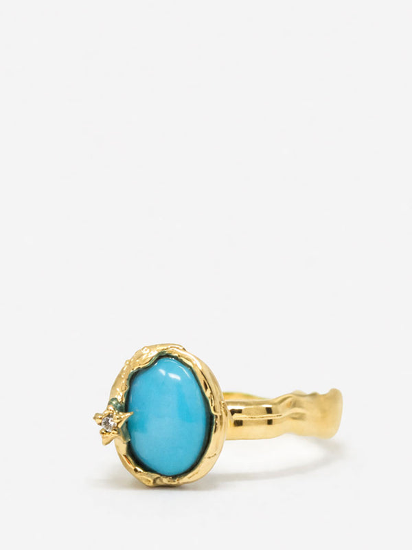 Turquoise ring gold plated silver handmade Italian jewelry oval turquoise cabochon gemstone with diamond accent