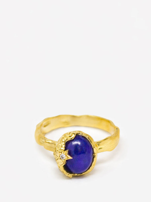 Lapis lazuli ring gold plated silver handmade Italian jewelry oval blue cabochon gemstone with diamond accent