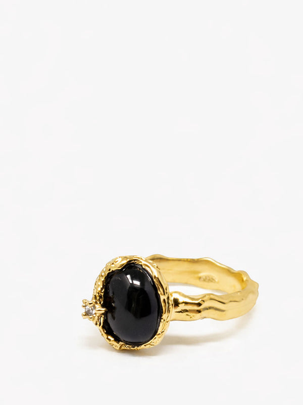 Onyx ring gold plated silver handmade Italian jewelry oval blue cabochon gemstone with diamond accent