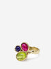 Iolite, peridot and rhodolite cabochon ring in gold plated sterling silver, handcrafted in Italy, featuring three bezel-set gemstones