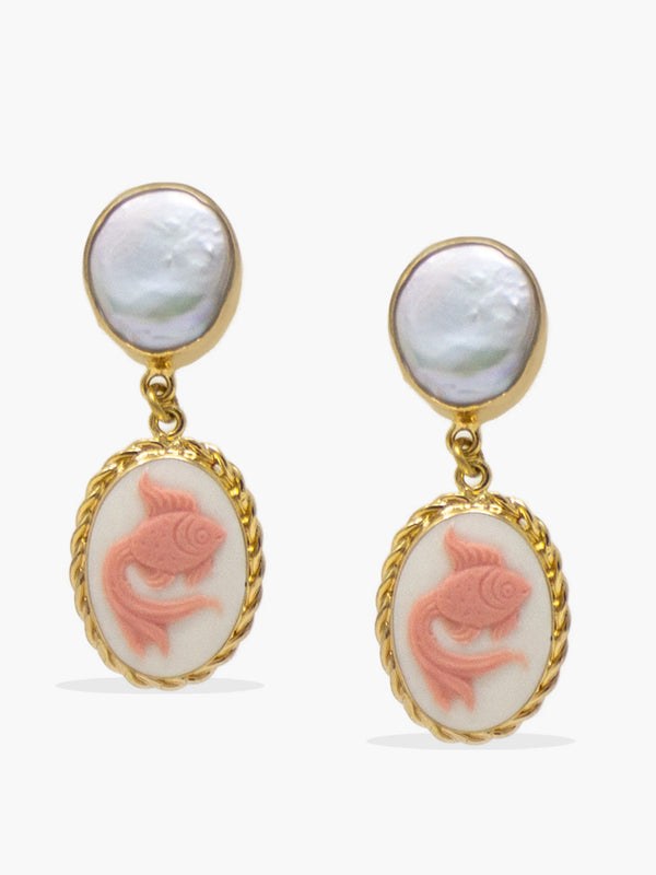Goldfish cameo earrings by Vintouch Jewels, featuring a pair of porcelain cameos showcasing red goldfish, set in gold vermeil and enriched with pearls. 
