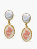 Goldfish cameo earrings by Vintouch Jewels, featuring a pair of porcelain cameos showcasing red goldfish, set in gold vermeil and enriched with pearls. 