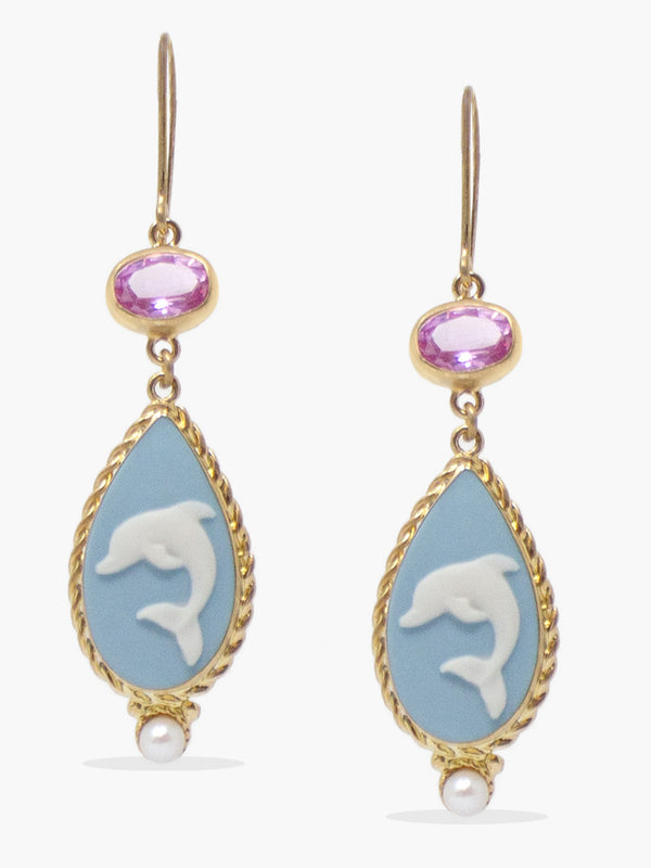 Dolphins Cameo earrings handcrafted from gold vermeil and porcelain, featuring pink quartz. 