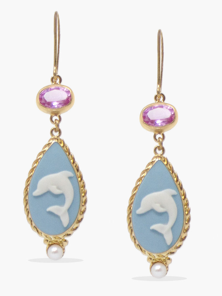 Dolphins Cameo earrings handcrafted from gold vermeil and porcelain, featuring pink quartz. 
