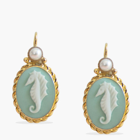 Seahorse cameo earrings, hand-carved from porcelain and set in gold vermeil. 