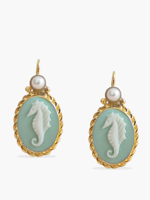Seahorse cameo earrings, hand-carved from porcelain and set in gold vermeil. 