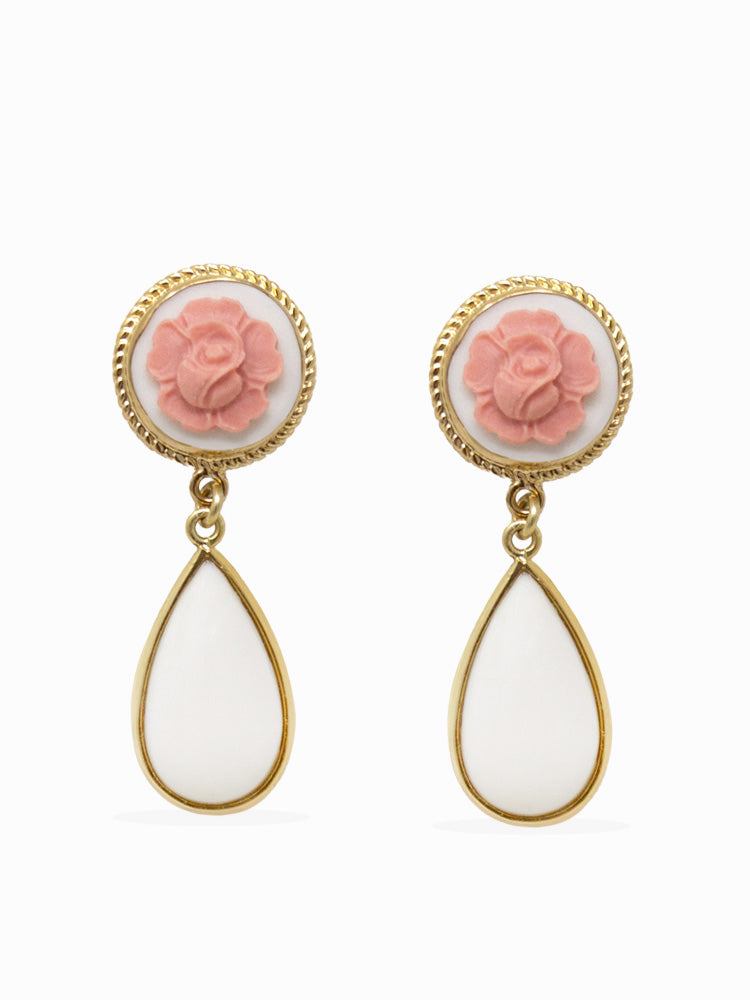 Pink rose cameo earrings with porcelain carving and teardrop detail in gold-plated silver, handmade in Italy