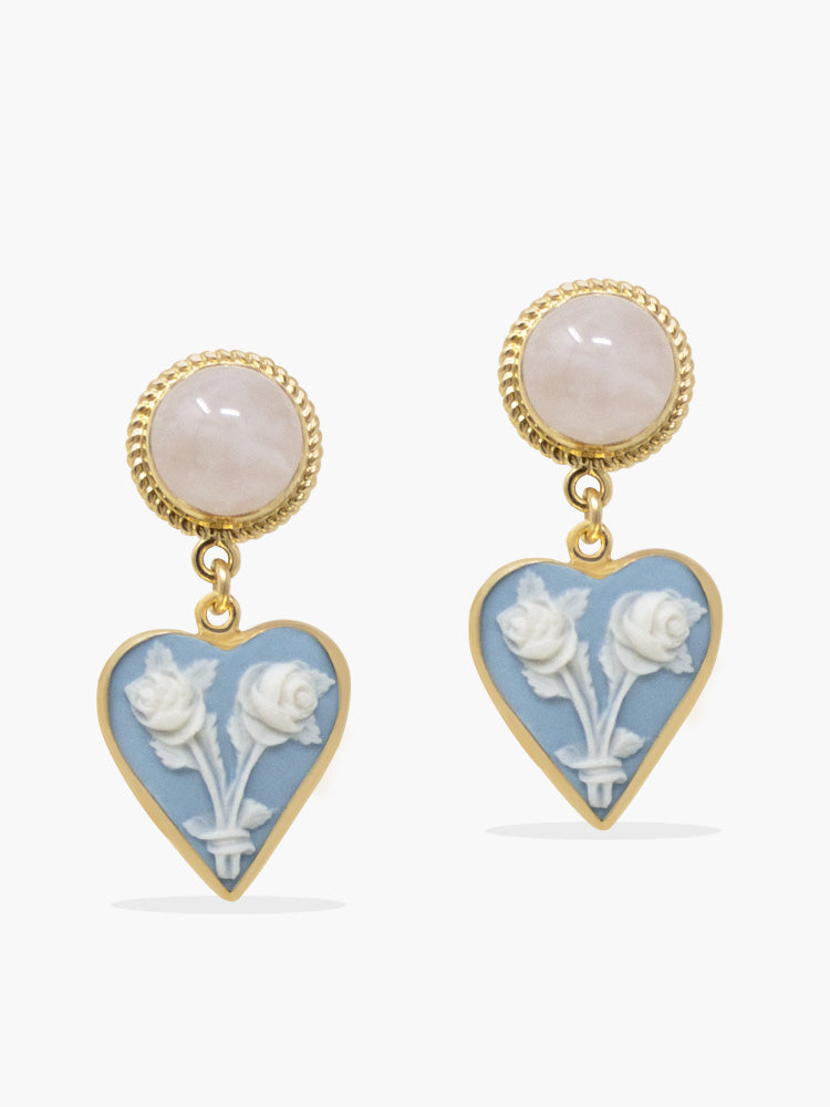 Vintouch Unity in Bloom earrings featuring hand-carved porcelain cameos and rose quartz set in 18k gold-plated silver, made in Torre del Greco.